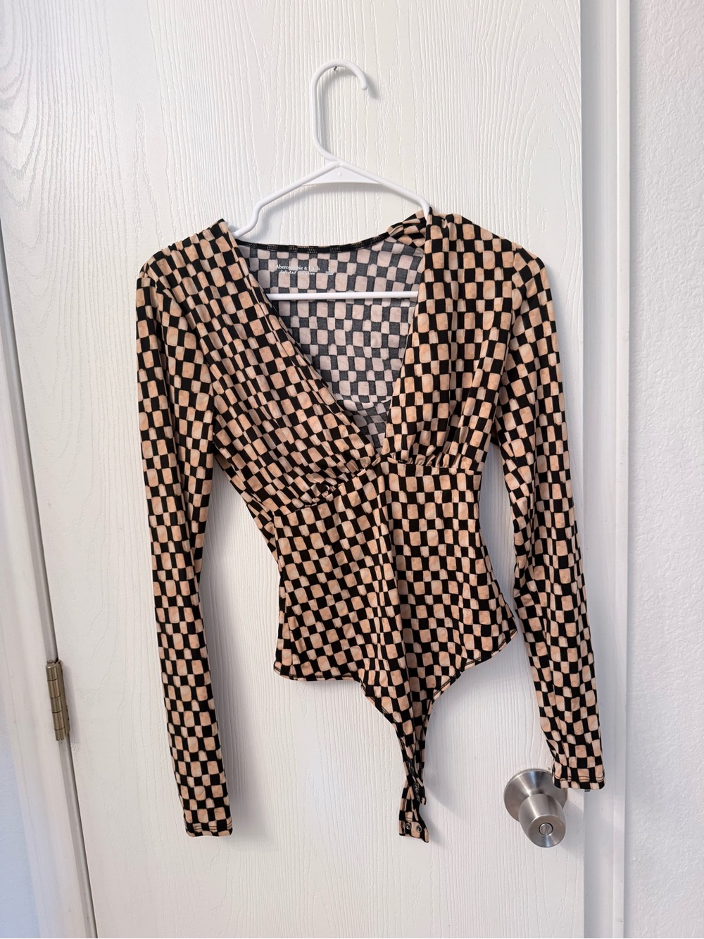 Abercrombie & Fitch Checkerboard Wrap Bodysuit - Black & Beige